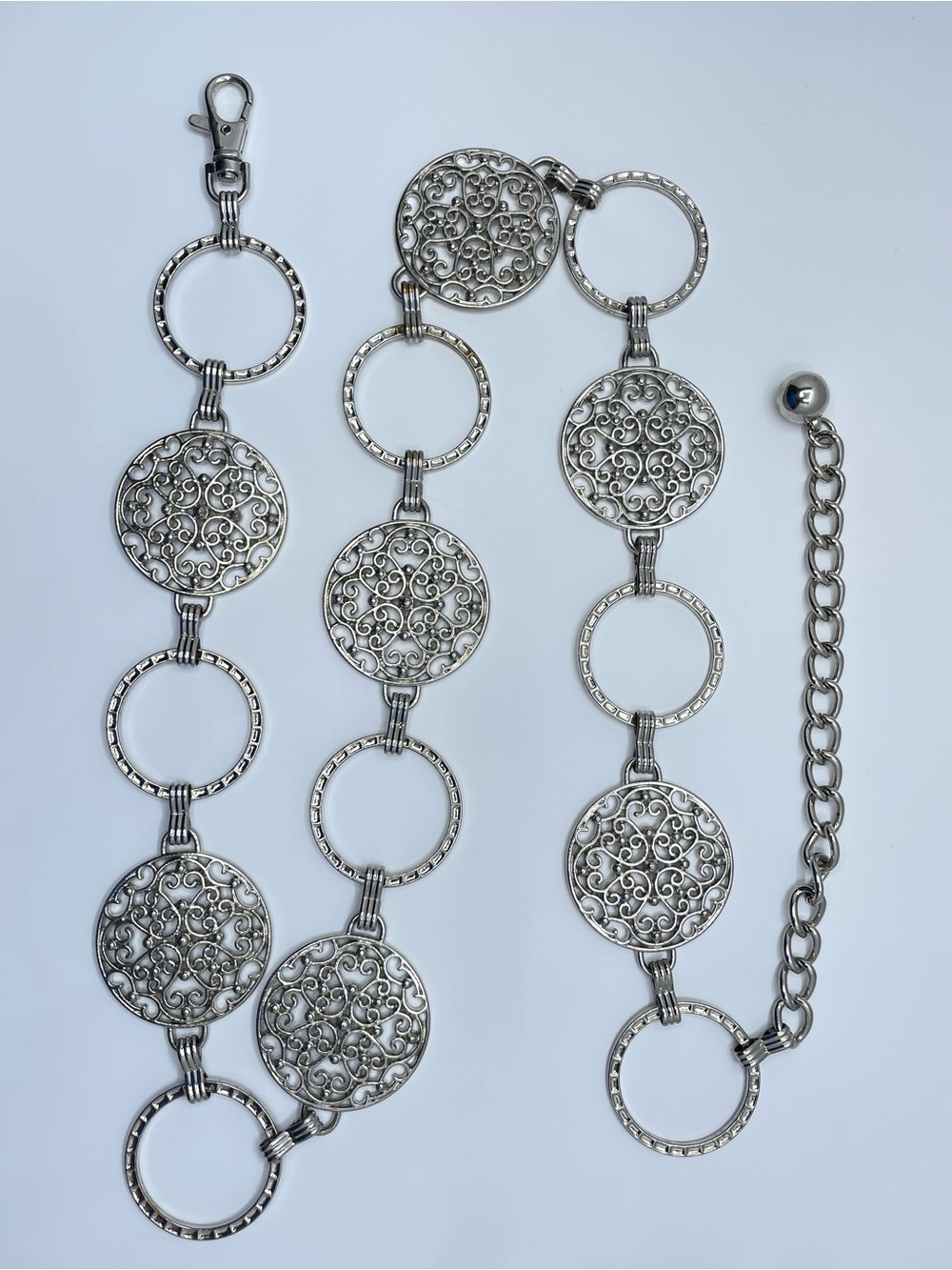 Silver Tone Filigree Disc Chain Belt Boho Retro Statement Adjustable Modern